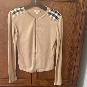 Burberry Tan Zip-Front Cardigan with Signature Check Shoulders. 100%